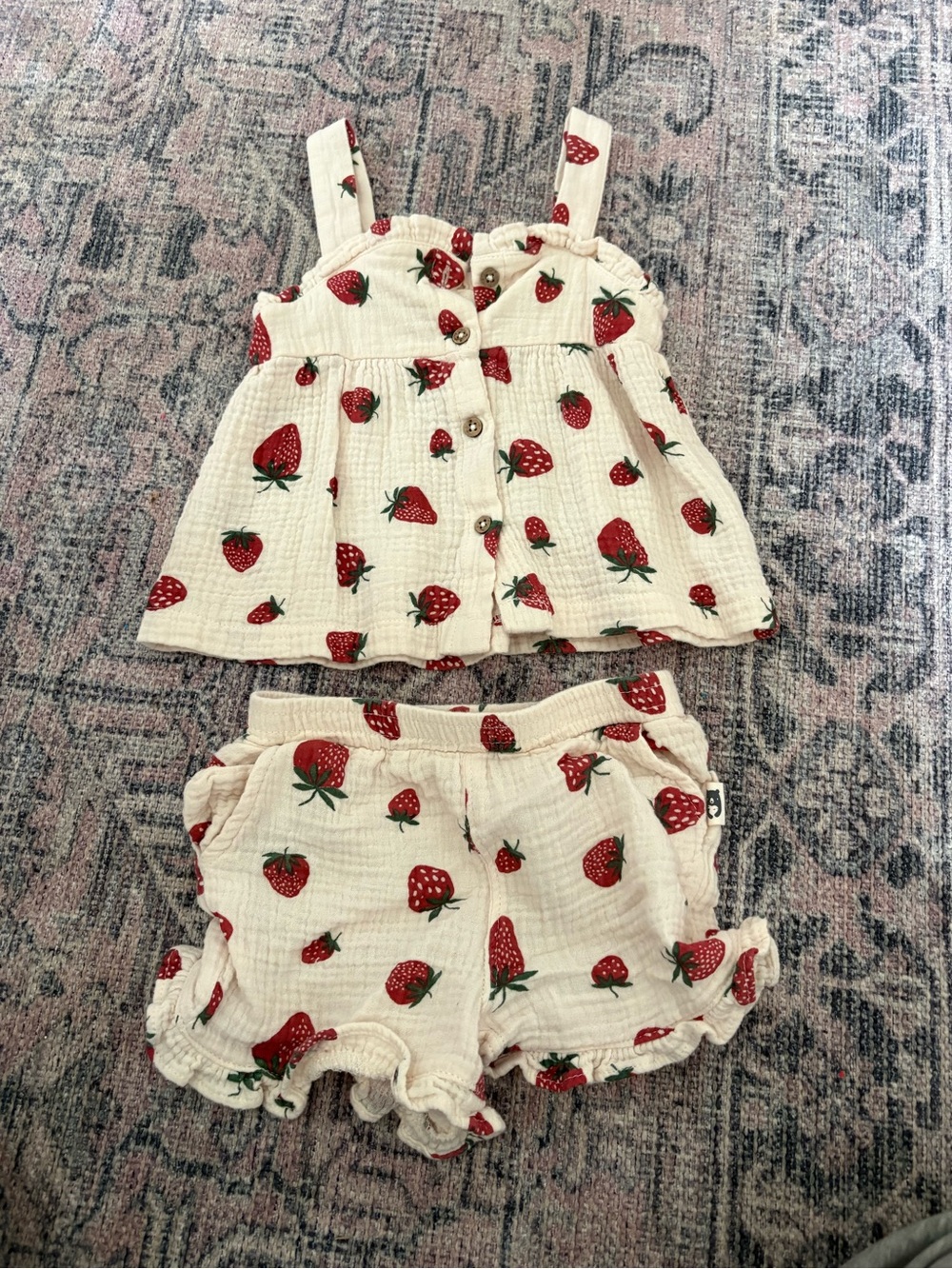 Strawberry Print Cream Girls' Tank Top & Shorts Set - Brand: